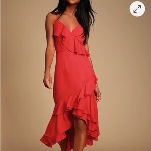 Lulus Dreamers Dream Red Ruffled High Low Red Dress - Size Medium
